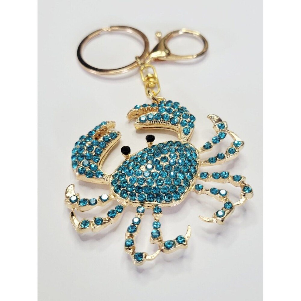 NWT Decadent Aqua Blue Gold Crab Bling Rhinestone Keychain Bag Charm Glittery